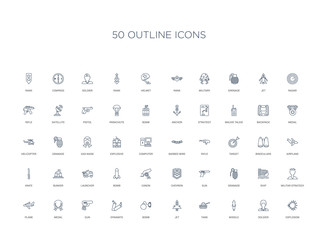 50 outline concept icons such as explosion, soldier, missile, tank, jet, bomb, dynamite,gun, medal, plane, militar strategy, ship, granade