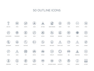 50 outline concept icons such as life vest, warning, death, electricity, biological hazard, car, handicap,working, fire, pedestrian, two way, pedestrian, bus