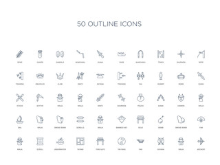 50 outline concept icons such as archery, ninja, katana, fan, yin yang, torii gate, tatami,underwater, scroll, ninja, fan, smoke bomb, bomb