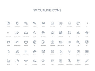 50 outline concept icons such as ar wand, virtual reality, finger control, voice control, user, gaming, vr glasses,eye, vr, motion, control, face, vr