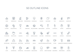 50 outline concept icons such as open menu, french fries box, long sandwich, spaghetti bolognese, chef hat, crepe and cream, plate of spaghetti,foamy beer jar, pepperoni pizza slice, ice pop,