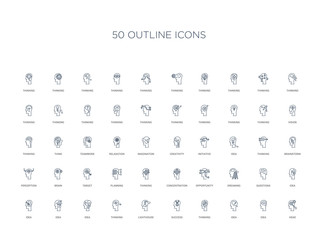 50 outline concept icons such as head, idea, idea, thinking, success, lighthouse, thinking,idea, idea, questions, dreaming