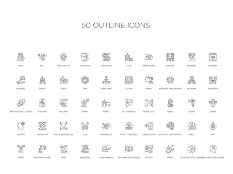 50 outline concept icons such as artificial intelligence, artificial intelligence, robot, piction, artificial intelligence, data analysis, algorithm,chat, mechanical arm, robot, bot, book,