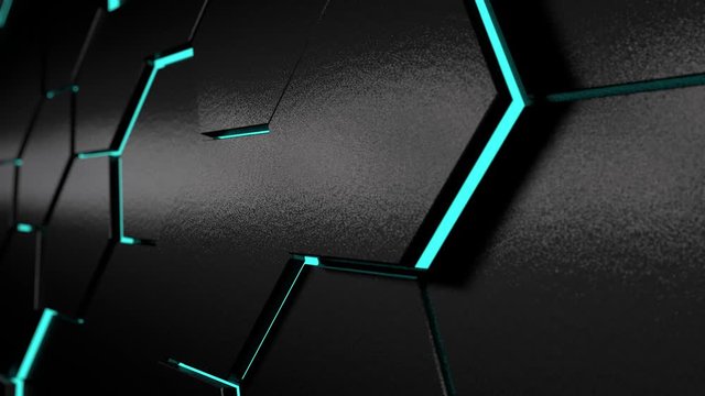 3D animation of moving hexagon background with blue glow and blur.