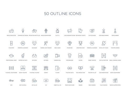 50 Outline Concept Icons Such As Movie Clapper Open, Plus 18 Movie, Dslr Camera, Award, People Watching A Movie, 1080p Full Hd, Hd,4k Fullhd, Big Film Roll, Dvd, Countdown, Loud Woofer Box, Theatre