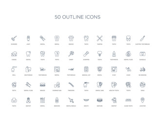 50 outline concept icons such as location, clean tooth, dentist, denture, mouth, dental needle, medicine,dental, dentist, tooth, virus, tooth, healthy