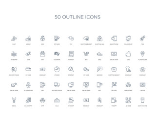 50 outline concept icons such as cash machine, qr code, receipt, discount, discount, wishlist, sale,gift, calculator, medal, laptop, percentage, qr code