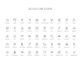 50 outline concept icons such as renewable energy, rain, sustainable factory, battery, energy, sustainability, gas station,flower, electric station, energy, plug, solar globe