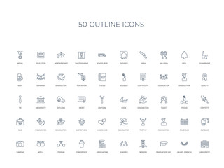 50 outline concept icons such as university, laurel wreath, graduation hat, wisdom, glasses, graduation, conference,podium, apple, camera, cupcake, calendar, graduation