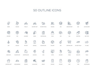 50 outline concept icons such as shopping bag, free, sent, package, package, weight, calculator,package, wheelbarrow, shopping cart, truck, envelope, crane