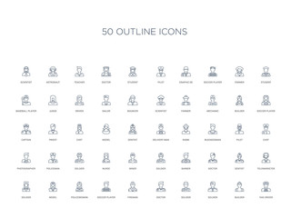 50 outline concept icons such as taxi driver, builder, soldier, soldier, doctor, fireman, soccer player,policewoman, model, soldier, telemarketer, dentist, doctor