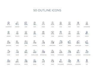 50 outline concept icons such as pilot, businessman, stewardess, office worker, singer, chef, teacher,painter, delivery man, florist, fire extinguisher, electrician, gardener