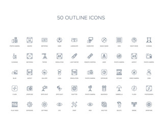 50 outline concept icons such as aperture, drone, delete, shutter, rgb, crop, eye,settings, exposure, play video, photograph, flash, umbrella