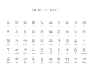 50 outline concept icons such as handshake, debate, statistics, leaflet, balance, voting, poll,badge, vote, checking, businessman, suit, vote