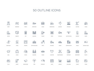 50 outline concept icons such as store, house, buildings, garage, shop, property, tree,megaphone, agent, villa, faucet, apartment, contract