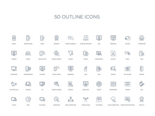50 outline concept icons such as quality, domain registration, cloud computing, customer, translation, viral marketing, targeting,blogging, map, stats, link, coding, newspaper