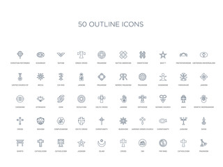50 outline concept icons such as paganism, catholicism, yin yang, om, cross, islam, judaism,catholicism, catholicism, shinto, shiva, judaism, christianity