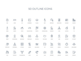 50 outline concept icons such as contract, search, deadline, document, plan, law, tools,collaboration, checklist, chat, development, stopwatch, wrench