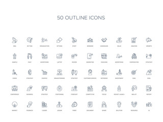 50 outline concept icons such as id, resource, solution, share, document, timer, jigsaw,leader, feedback, market, report, wallet, rocket launch