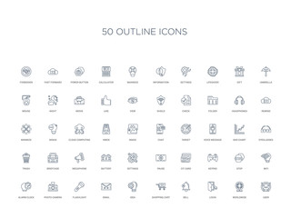 50 outline concept icons such as user, worldwide, login, bell, shopping cart, idea, email,flashlight, photo camera, alarm clock, wifi, stop, keypad