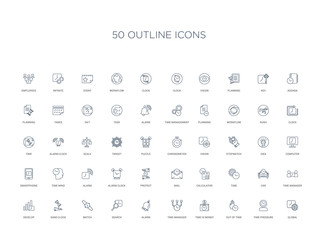 Fototapeta na wymiar 50 outline concept icons such as global, time pressure, out of time, time is money, manager, alarm, search,watch, sand clock, develop, manager, car,