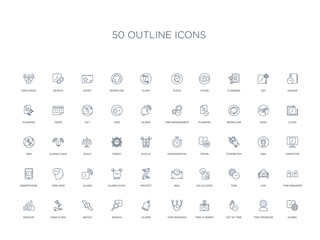 50 outline concept icons such as global, time pressure, out of time, time is money, manager, alarm, search,watch, sand clock, develop, manager, car,