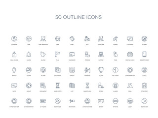 50 outline concept icons such as workflow, loop, infinite, event, chronometer, reminder, workflow,24 hours, chronometer, chronometer, strategy, goal, alarm