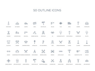 50 outline concept icons such as nuts and bolts, garage screw, wrench and nut, repair pliers, cleaning mop, dustpan and brush, painter roller,garage wrench, open paint bucket, garage wrench,