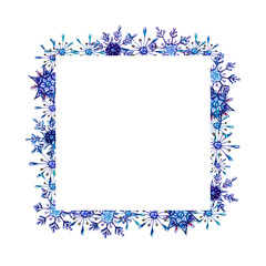 Hand painted Christmas watercolor snowflakes template. Decorative Snowflakes frame isolated on white background. Perfect for card, invitation, logo design, etc.