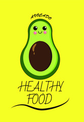 postcard with  kawaii avocado  healthy food vector illustration