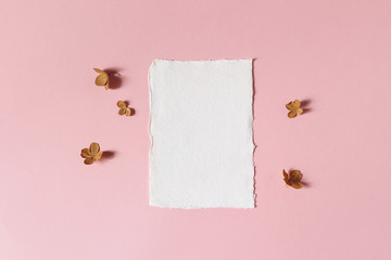 Feminine floral wedding, birthday stationery mock-up scene. Blank deckled edge cotton paper greeting card. Dry hydrangea flower petals on pink table background. Flat lay, top view.