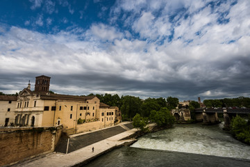 Tiberina island  (Isola Tiberina) in Tiber river, Rome, Italy.