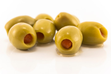 Green Olives Stuffed with Peppers, Isolated on White