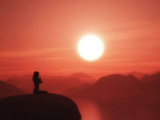 3D female in a yoga pose against a sunset landscape