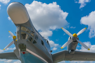 Fragment of the bow of a military seaplane. Aircraft amphibian.