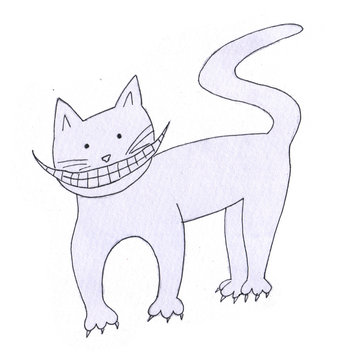 Cheshire cat with a huge smile - One of the characters in the book of Lewis Carroll "Alice in Wonderland", painted by a black liner. Contour illustration
