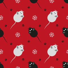 Christmas seamless pattern with rats and snowflakes with rodent traces. Red background. Festive design for Christmas and New Year fashion prints. Vector illustration