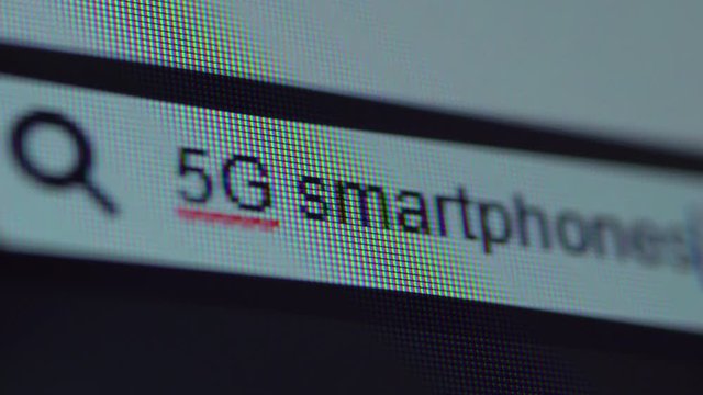 Browser bar with typed 5G smartphones text on the computer screen. Search Engine Concept. Shot in 4k resolution