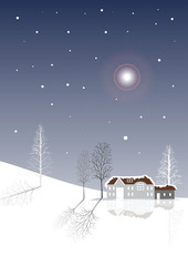 Vector night winter landscape with mountains,snow falling and winter tree and house in flat style