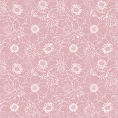 Vector powdery pink lace flowers poppy elegant seamless pattern background with hand drawn white line art floral elements.