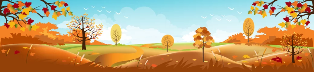 Tragetasche Panoramic of Countryside landscape in autumn, Vector illustration of horizontal banner of autumn landscape mountains and maple trees fallen with yellow foliage. © Anchalee