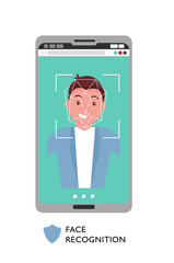 Face id concept. Male face on big smartphone screen. Personality Recognition, modern cellphone with security system. Smiling man with focus on his face. Flat cartoon vector illustration.