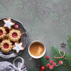 Flat lay with Xmas decorations in green and red