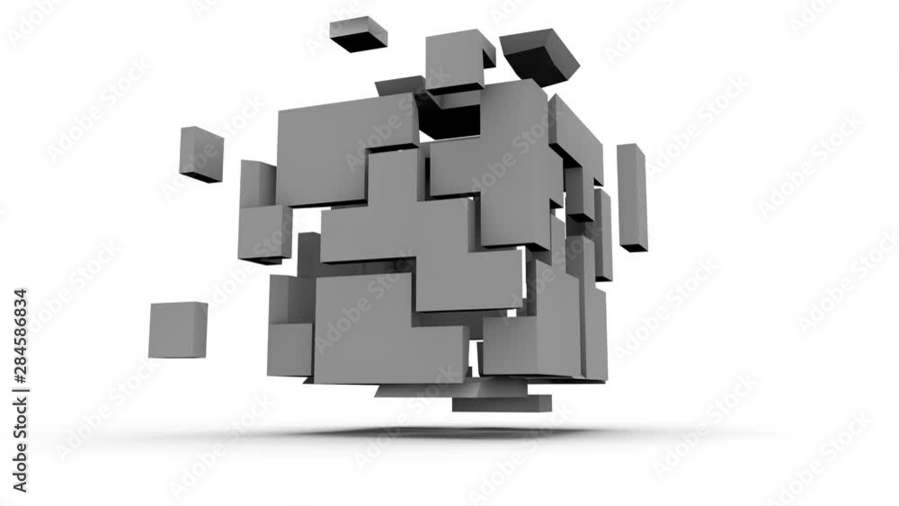 Poster 3d animation of the cube shattering into fragments and recovering.