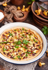 Quiche – open tart pie with chicken meat, chanterelles mushrooms, onion and cheese
