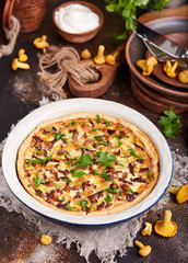 Quiche – open tart pie with chicken meat, chanterelles mushrooms, onion and cheese