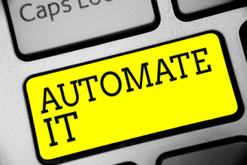 Text sign showing Automate It. Conceptual photo convert process or facility to be operated automatic equipment. Keyboard yellow key Intention create computer computing reflection document