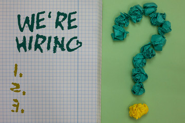 Text sign showing We re are Hiring. Conceptual photo Advertising Employment Workforce Placement New...