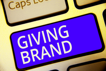 Conceptual hand writing showing Giving Brand. Business photo showcasing The process of giving a Name to a company products or services Keyboard blue key Intention computer reflection document