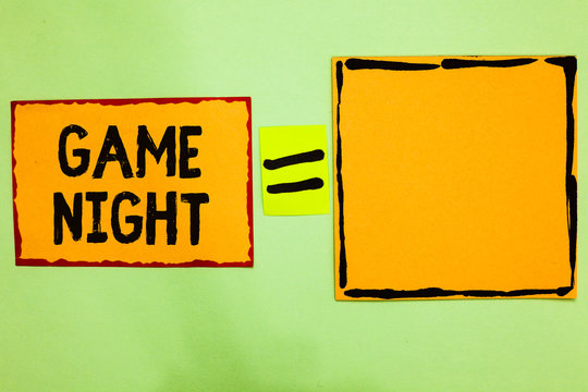 Writing note showing Game Night. Business photo showcasing event in which folks get together for the purpose of getting laid Orange paper notes reminders equal sign important messages to remember